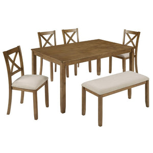 English Elm Oak Farmhouse Six Piece Dining Set with Rubberwood Frame Bench and X-Back Chairs W1998S00115