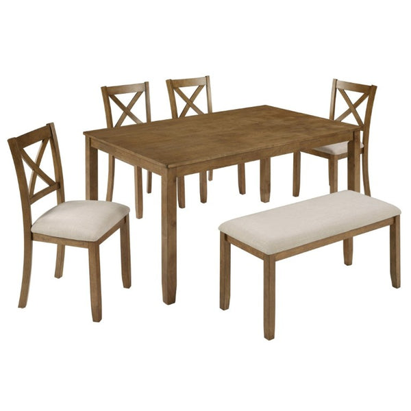 English Elm Oak Farmhouse Six Piece Dining Set with Rubberwood Frame Bench and X-Back Chairs W1998S00115