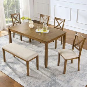 English Elm Oak Farmhouse Six Piece Dining Set with Rubberwood Frame Bench and X-Back Chairs W1998S00115