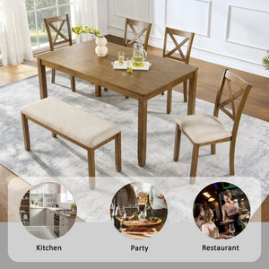 English Elm Oak Farmhouse Six Piece Dining Set with Rubberwood Frame Bench and X-Back Chairs W1998S00115