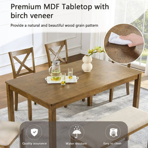 English Elm Oak Farmhouse Six Piece Dining Set with Rubberwood Frame Bench and X-Back Chairs W1998S00115