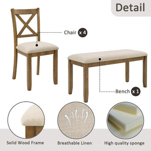 English Elm Oak Farmhouse Six Piece Dining Set with Rubberwood Frame Bench and X-Back Chairs W1998S00115