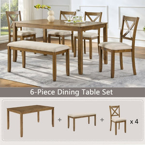 English Elm Oak Farmhouse Six Piece Dining Set with Rubberwood Frame Bench and X-Back Chairs W1998S00115