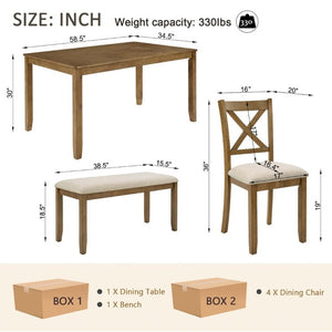 English Elm Oak Farmhouse Six Piece Dining Set with Rubberwood Frame Bench and X-Back Chairs W1998S00115