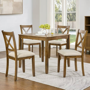 English Elm Elegant Square Oak Grain Dining Set with Four X-Back Linen Upholstered Chairs for Small Spaces W1998S00116