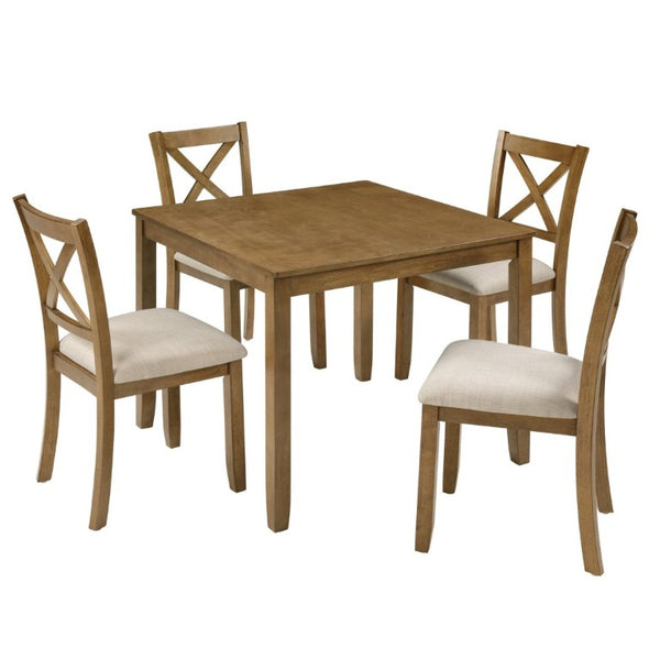 English Elm Elegant Square Oak Grain Dining Set with Four X-Back Linen Upholstered Chairs for Small Spaces W1998S00116