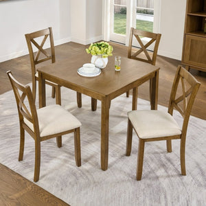 English Elm Elegant Square Oak Grain Dining Set with Four X-Back Linen Upholstered Chairs for Small Spaces W1998S00116