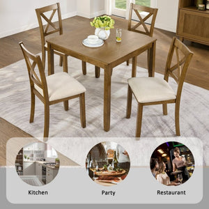 English Elm Elegant Square Oak Grain Dining Set with Four X-Back Linen Upholstered Chairs for Small Spaces W1998S00116