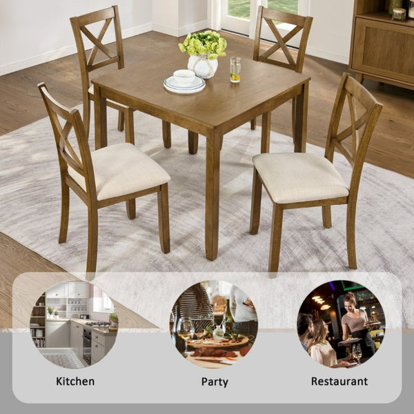 English Elm Elegant Square Oak Grain Dining Set with Four X-Back Linen Upholstered Chairs for Small Spaces W1998S00116