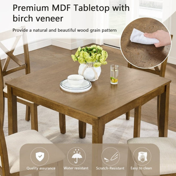 English Elm Elegant Square Oak Grain Dining Set with Four X-Back Linen Upholstered Chairs for Small Spaces W1998S00116
