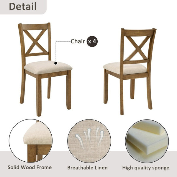 English Elm Elegant Square Oak Grain Dining Set with Four X-Back Linen Upholstered Chairs for Small Spaces W1998S00116