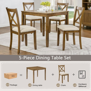 English Elm Elegant Square Oak Grain Dining Set with Four X-Back Linen Upholstered Chairs for Small Spaces W1998S00116