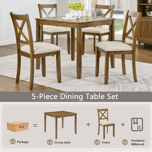 English Elm Elegant Square Oak Grain Dining Set with Four X-Back Linen Upholstered Chairs for Small Spaces W1998S00116