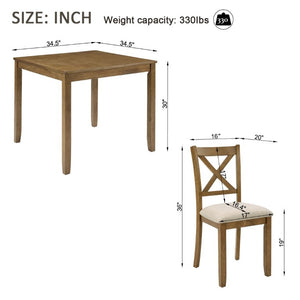 English Elm Elegant Square Oak Grain Dining Set with Four X-Back Linen Upholstered Chairs for Small Spaces W1998S00116