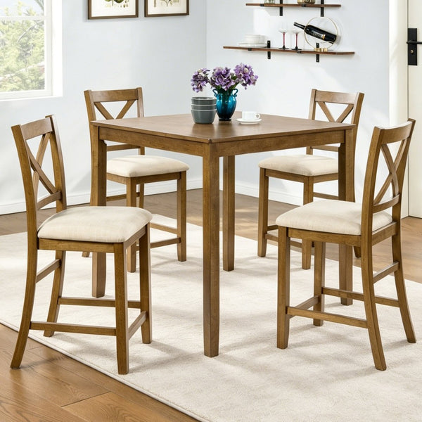 English Elm Oak Finish Square Counter Height Dining Set with X-back Chairs for Compact Kitchens W1998S00117