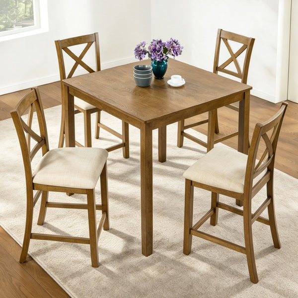 English Elm Oak Finish Square Counter Height Dining Set with X-back Chairs for Compact Kitchens W1998S00117