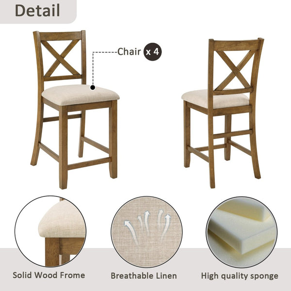 English Elm Oak Finish Square Counter Height Dining Set with X-back Chairs for Compact Kitchens W1998S00117