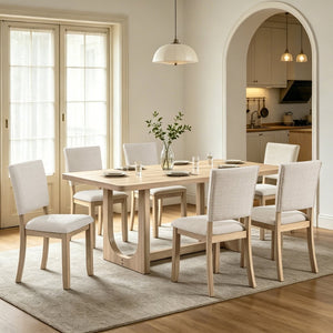 English Elm 7-piece Scandinavian Rubberwood Dining Set Seats Six with Linen Upholstered Chairs W1998S00118