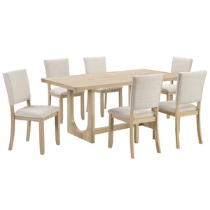 English Elm 7-piece Scandinavian Rubberwood Dining Set Seats Six with Linen Upholstered Chairs W1998S00118