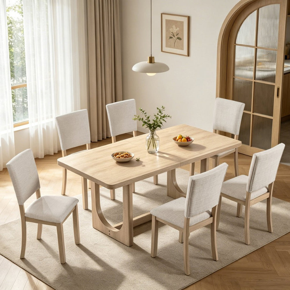 English Elm 7-piece Scandinavian Rubberwood Dining Set Seats Six with Linen Upholstered Chairs W1998S00118