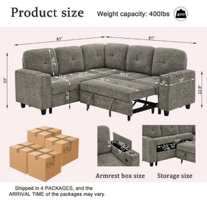 English Elm 5 Seat Chenille Sleeper Sectional with Hidden Storage USB Charging and Reversible Chaise W1998S00119