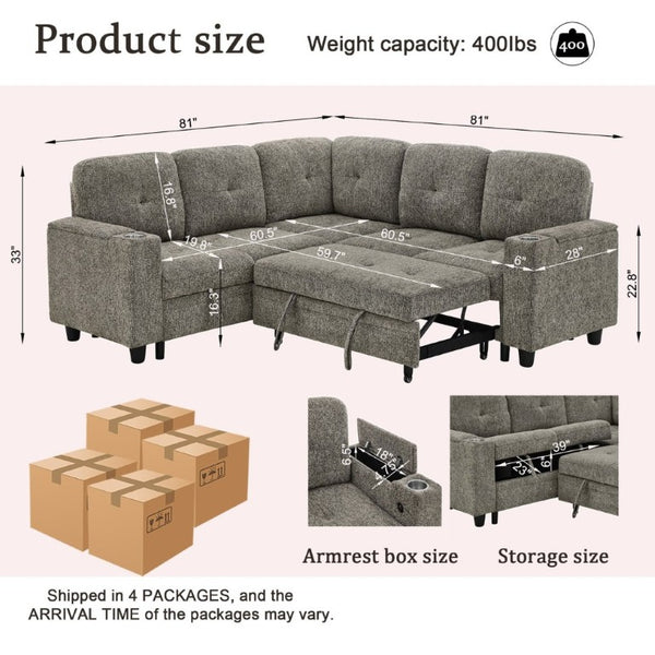 English Elm 5 Seat Chenille Sleeper Sectional with Hidden Storage USB Charging and Reversible Chaise W1998S00119