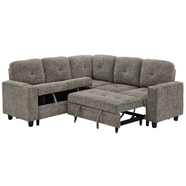 English Elm 5 Seat Chenille Sleeper Sectional with Hidden Storage USB Charging and Reversible Chaise W1998S00119