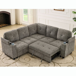 English Elm 5 Seat Chenille Sleeper Sectional with Hidden Storage USB Charging and Reversible Chaise W1998S00119
