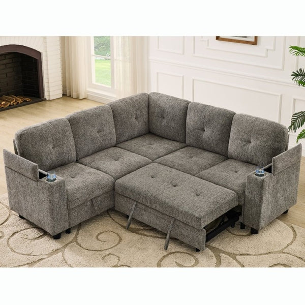 English Elm 5 Seat Chenille Sleeper Sectional with Hidden Storage USB Charging and Reversible Chaise W1998S00119