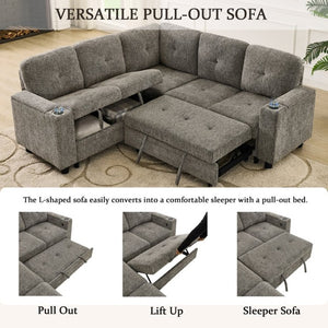 English Elm 5 Seat Chenille Sleeper Sectional with Hidden Storage USB Charging and Reversible Chaise W1998S00119