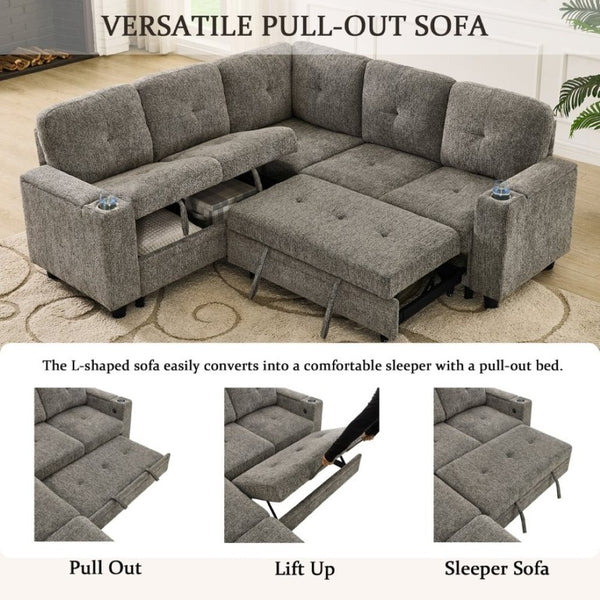 English Elm 5 Seat Chenille Sleeper Sectional with Hidden Storage USB Charging and Reversible Chaise W1998S00119