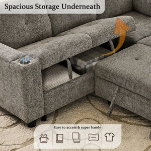 English Elm 5 Seat Chenille Sleeper Sectional with Hidden Storage USB Charging and Reversible Chaise W1998S00119