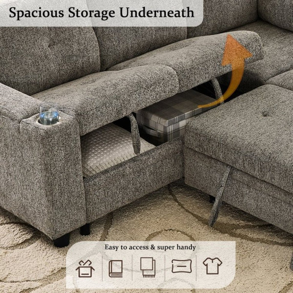 English Elm 5 Seat Chenille Sleeper Sectional with Hidden Storage USB Charging and Reversible Chaise W1998S00119