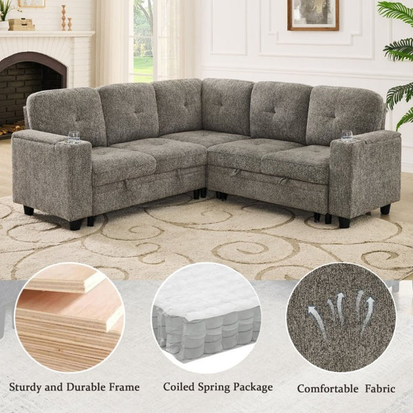 English Elm 5 Seat Chenille Sleeper Sectional with Hidden Storage USB Charging and Reversible Chaise W1998S00119