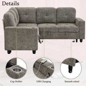 English Elm 5 Seat Chenille Sleeper Sectional with Hidden Storage USB Charging and Reversible Chaise W1998S00119