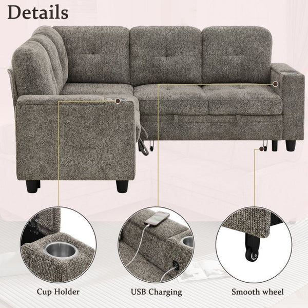 English Elm 5 Seat Chenille Sleeper Sectional with Hidden Storage USB Charging and Reversible Chaise W1998S00119