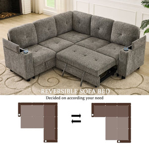 English Elm 5 Seat Chenille Sleeper Sectional with Hidden Storage USB Charging and Reversible Chaise W1998S00119