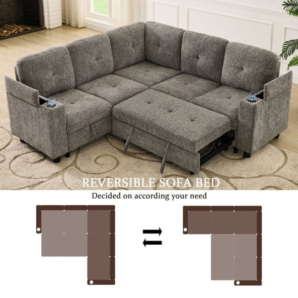 English Elm 5 Seat Chenille Sleeper Sectional with Hidden Storage USB Charging and Reversible Chaise W1998S00119