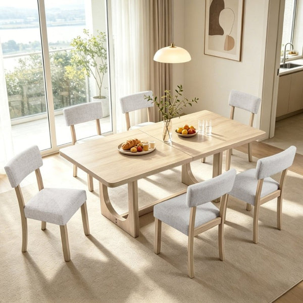 English Elm 7-Piece Japandi Dining Set Rubberwood Table with Six Linen Upholstered Ergonomic Chairs W1998S00120