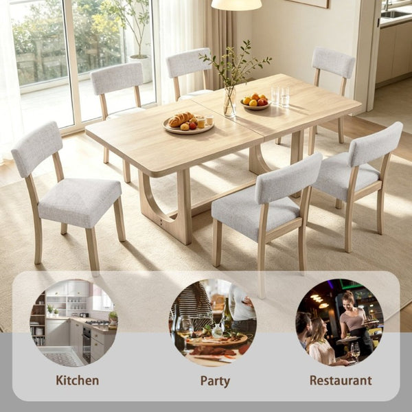 English Elm 7-Piece Japandi Dining Set Rubberwood Table with Six Linen Upholstered Ergonomic Chairs W1998S00120