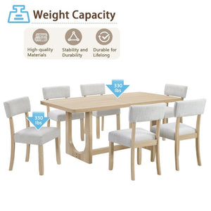 English Elm 7-Piece Japandi Dining Set Rubberwood Table with Six Linen Upholstered Ergonomic Chairs W1998S00120