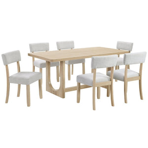 English Elm 7-Piece Japandi Dining Set Rubberwood Table with Six Linen Upholstered Ergonomic Chairs W1998S00120
