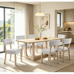 English Elm 7-Piece Japandi Dining Set Rubberwood Table with Six Linen Upholstered Ergonomic Chairs W1998S00120