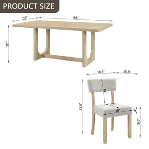 English Elm 7-Piece Japandi Dining Set Rubberwood Table with Six Linen Upholstered Ergonomic Chairs W1998S00120