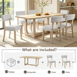 English Elm 7-Piece Japandi Dining Set Rubberwood Table with Six Linen Upholstered Ergonomic Chairs W1998S00120