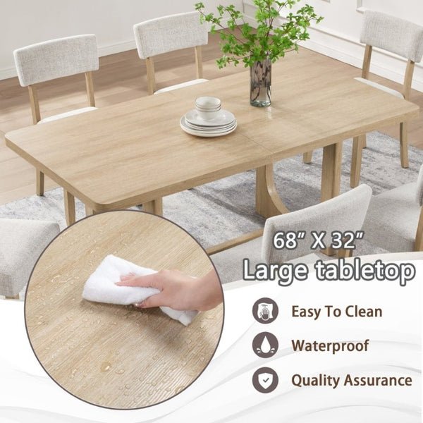 English Elm 7-Piece Japandi Dining Set Rubberwood Table with Six Linen Upholstered Ergonomic Chairs W1998S00120