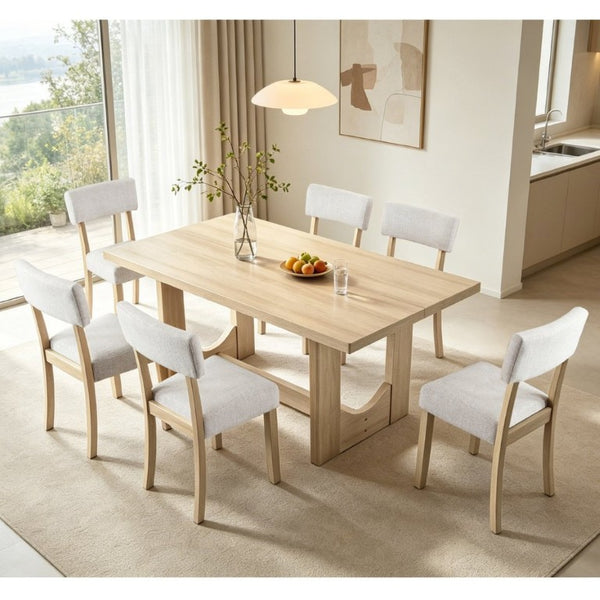 English Elm 7-Piece Japandi Dining Set Rubberwood Table with Linen Upholstered Chairs Seats Six W1998S00121
