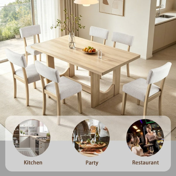 English Elm 7-Piece Japandi Dining Set Rubberwood Table with Linen Upholstered Chairs Seats Six W1998S00121