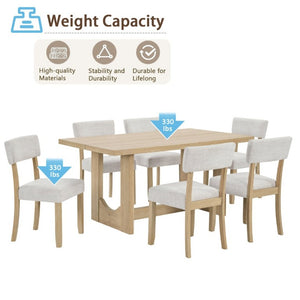 English Elm 7-Piece Japandi Dining Set Rubberwood Table with Linen Upholstered Chairs Seats Six W1998S00121