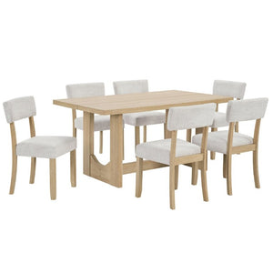 English Elm 7-Piece Japandi Dining Set Rubberwood Table with Linen Upholstered Chairs Seats Six W1998S00121